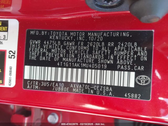 4T1G11AK1MU405019 Toyota CAMRY SE