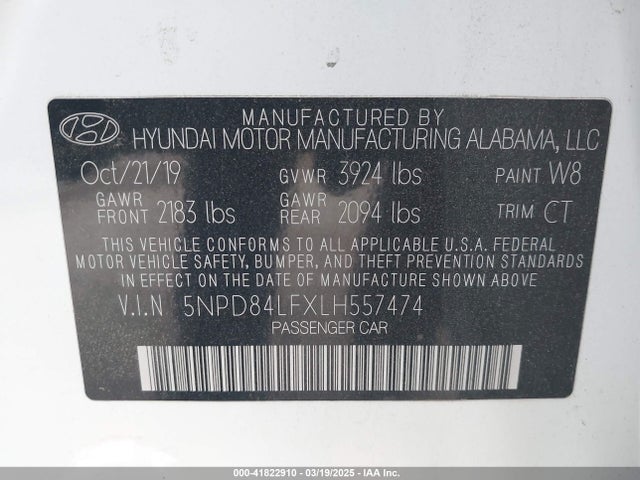 5NPD84LFXLH557474 Hyundai ELANTRA SEL