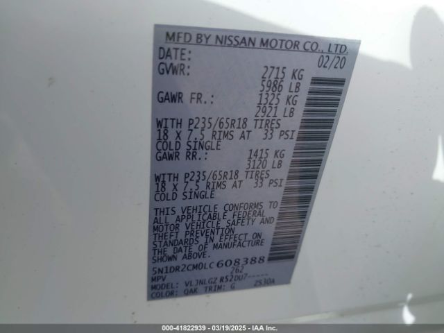 5N1DR2CM0LC608388 Nissan Pathfinder Sl 4wd