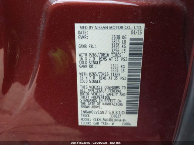 1N6AD0EV1GN758310 Nissan Frontier Sv