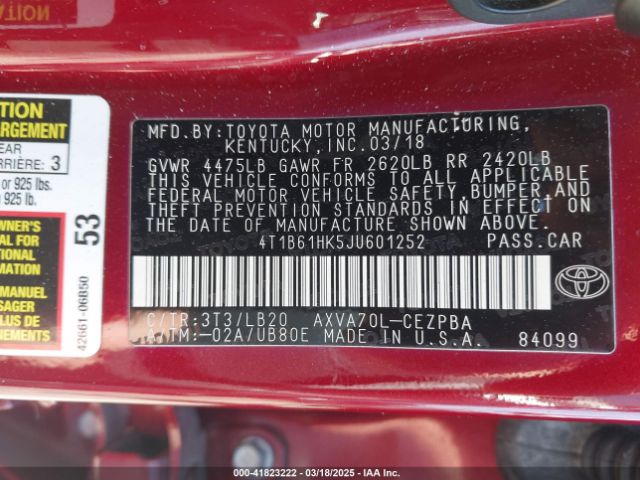 4T1B61HK5JU601252 Toyota CAMRY XSE