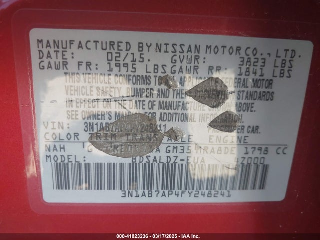 3N1AB7AP4FY248241 Nissan Sentra Fe+ S/s/sl/sr/sv