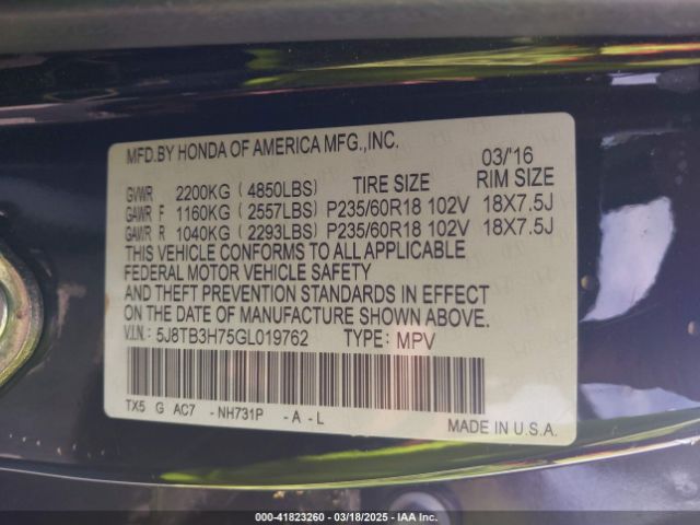5J8TB3H75GL019762 Acura Rdx Advance Package