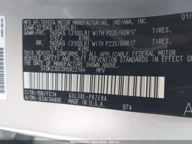 5TDKZ3DC0HS823184 Toyota Sienna Le 8 Passenger