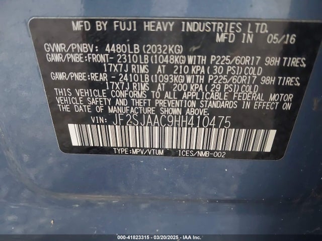 Subaru naturally aspirated u5 2017 JF2SJAAC9HH410475 Image 9