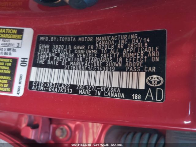 2T1BURHE1EC143019 Toyota Corolla S Premium