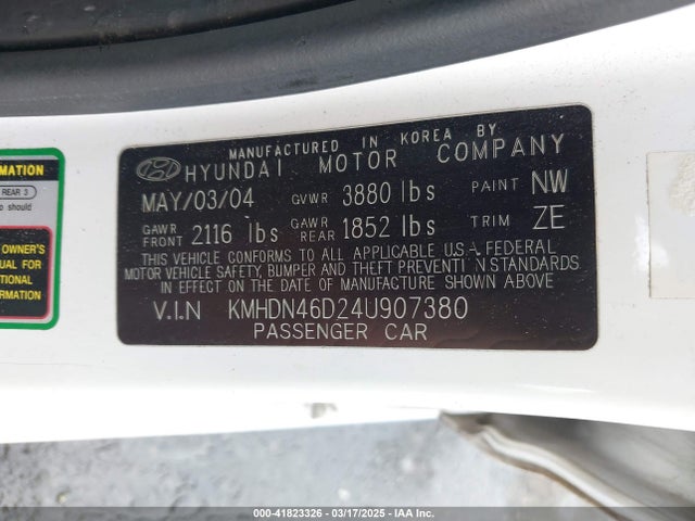 41823326 :رقم المزاد ، KMHDN46D24U907380 vin ، 2004 Hyundai Elantra Gls/gt مزاد بيع
