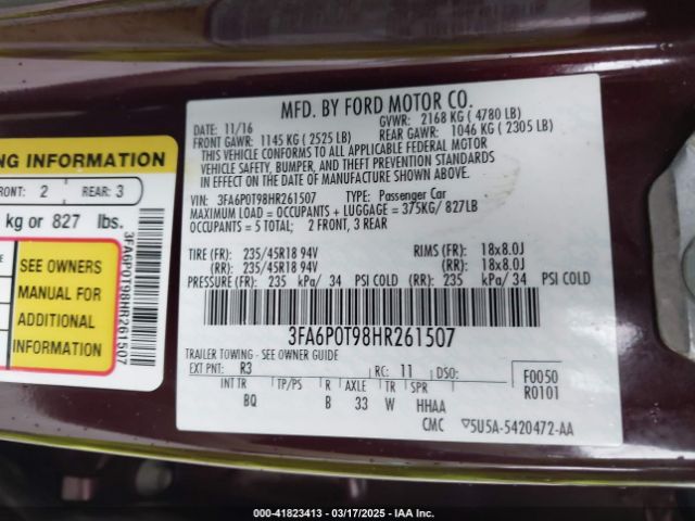 3FA6P0T98HR261507 Ford FUSION SE