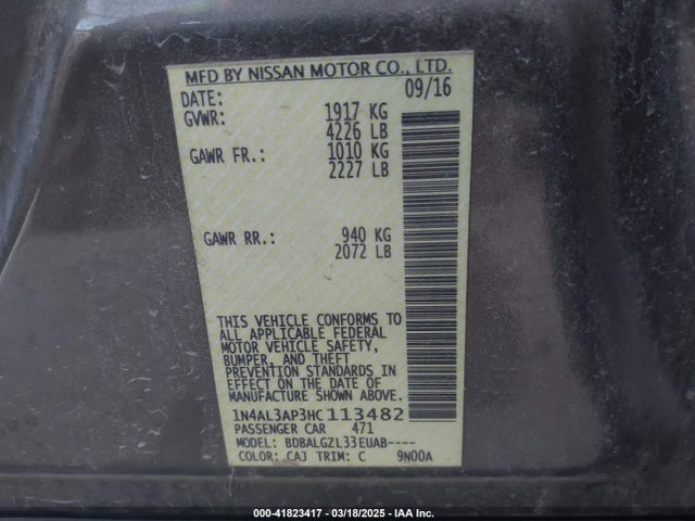 1N4AL3AP3HC113482 Nissan Altima 2.5/2.5 S/2.5 Sl/2.5 Sr/2.5 Sv