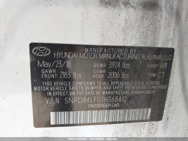 5NPD84LF0JH368412 Hyundai ELANTRA SEL
