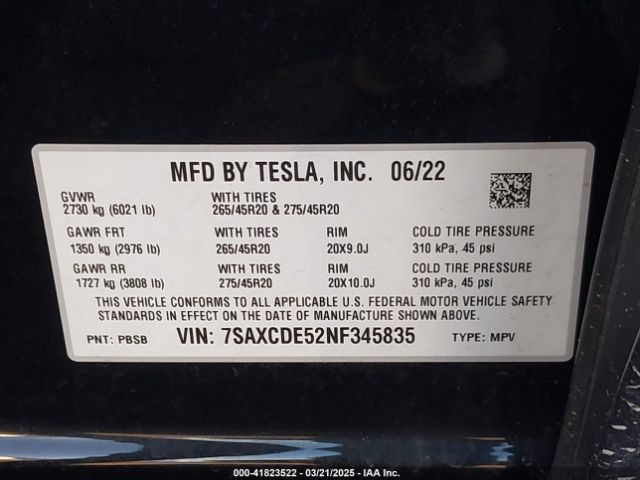 7SAXCDE52NF345835 Tesla Model X Dual Motor All-wheel Drive/plaid Tri Motor All-wheel Drive