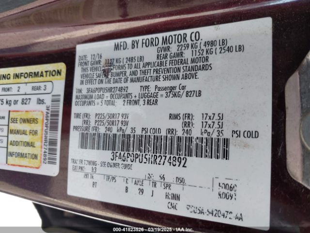3FA6P0PU5HR274892 Ford Fusion Energi Se Luxury
