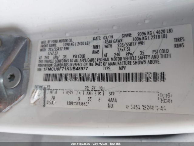 1FMCU0F71KUB48977 Ford ESCAPE S