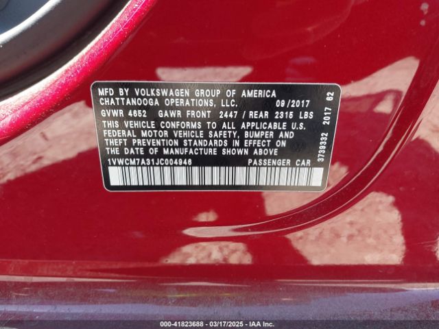 1VWCM7A31JC004946 Volkswagen Passat 3.6l V6 Sel Premium