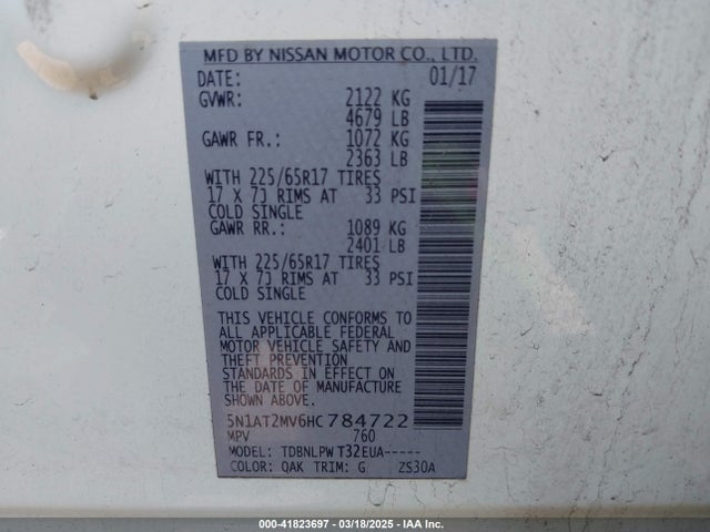 5N1AT2MV6HC784722 Nissan ROGUE S