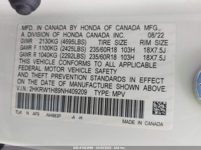 2HKRW1H89NH409209 Honda Cr-v 2wd Ex-l