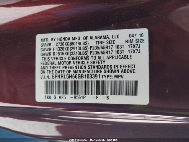 5FNRL5H66GB103391 Honda Odyssey Ex-l