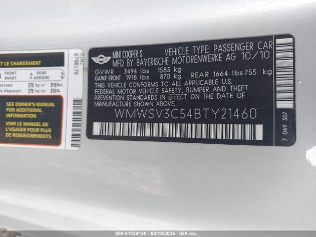 2011 MINI COOPER S WMWSV3C54BTY21460 Photo 8