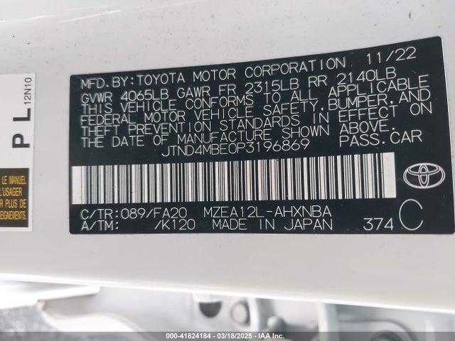 JTND4MBE0P3196869 Toyota COROLLA SE