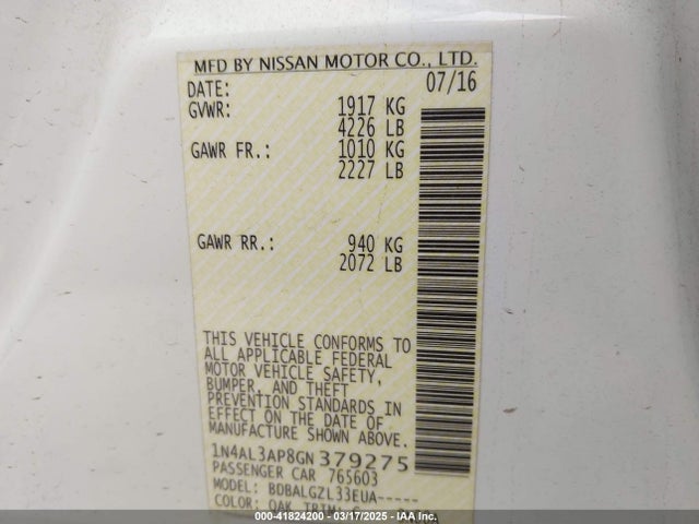 1N4AL3AP8GN379275 Nissan Altima 2.5 S