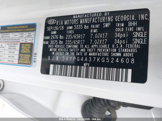 5XYPG4A37KG524608 KIA Sorento 2.4l Lx