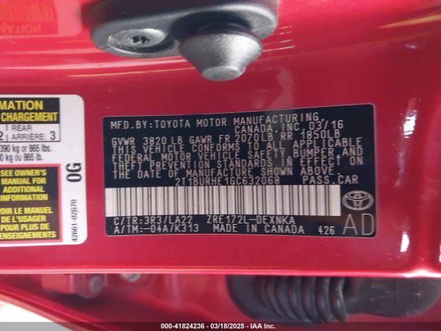 2T1BURHE1GC632068 Toyota Corolla Le Premium