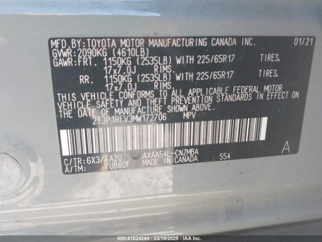2T3P1RFV3MW172706 Toyota Rav4 Xle