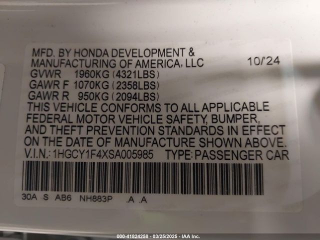 1HGCY1F4XSA005985 Honda ACCORD SE