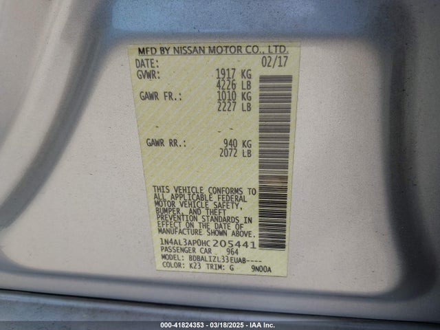 1N4AL3AP0HC205441 Nissan Altima 2.5 Sv