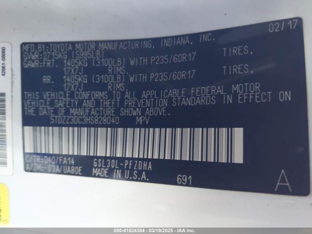 5TDZZ3DC3HS828040 Toyota Sienna L 7 Passenger
