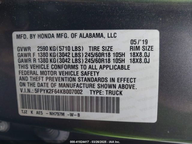 5FPYK2F64KB007002 Honda Ridgeline Rtl-t