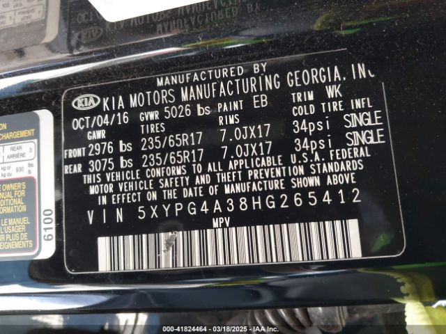 5XYPG4A38HG265412 KIA Sorento 2.4l Lx