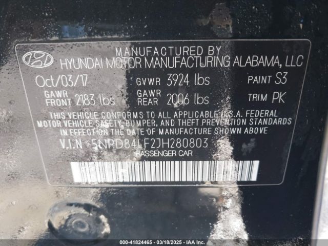 5NPD84LF2JH280803 Hyundai ELANTRA SEL