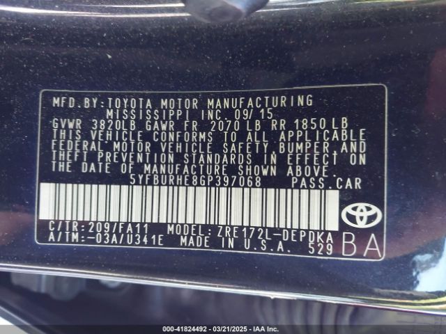 5YFBURHE8GP397068 Toyota COROLLA L