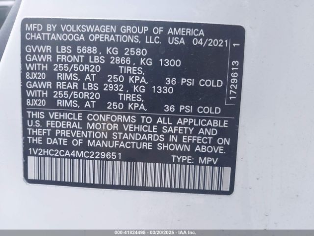 1V2HC2CA4MC229651 Volkswagen Atlas Cross Sport 2.0t Se W/technology