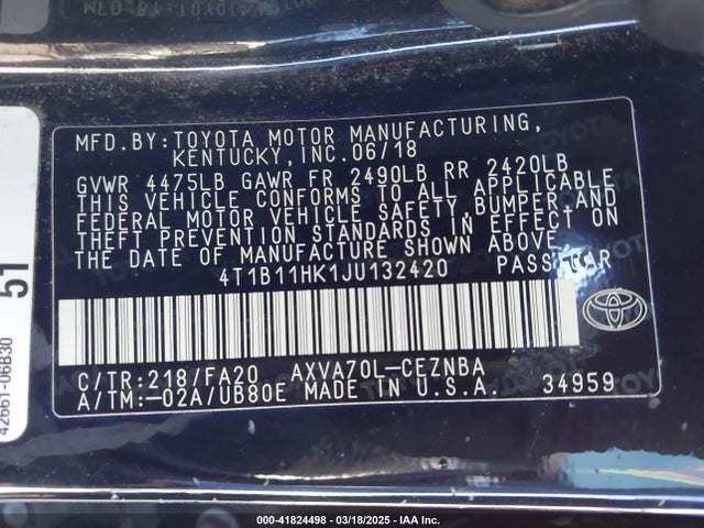 4T1B11HK1JU132420 Toyota CAMRY LE