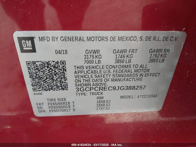 3GCPCREC9JG388257 Chevrolet Silverado 1500 1lt