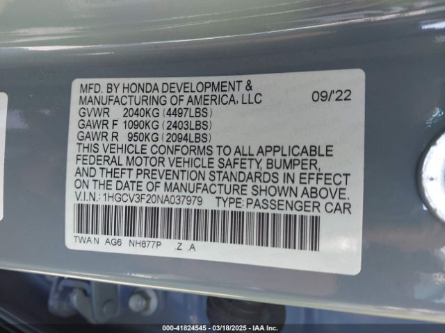 1HGCV3F20NA037979 Honda Accord Hybrid Sport