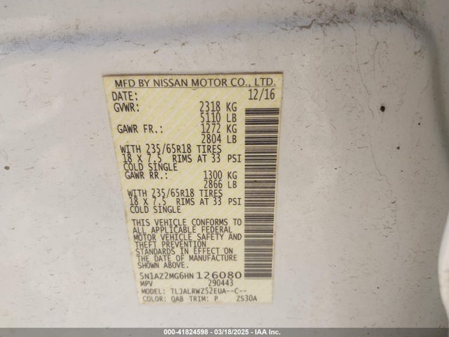 5N1AZ2MG6HN126080 Nissan MURANO SL
