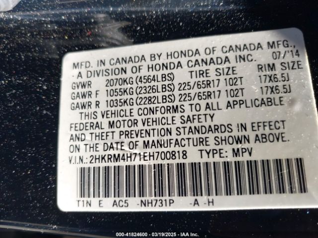 2HKRM4H71EH700818 Honda Cr-v Ex-l