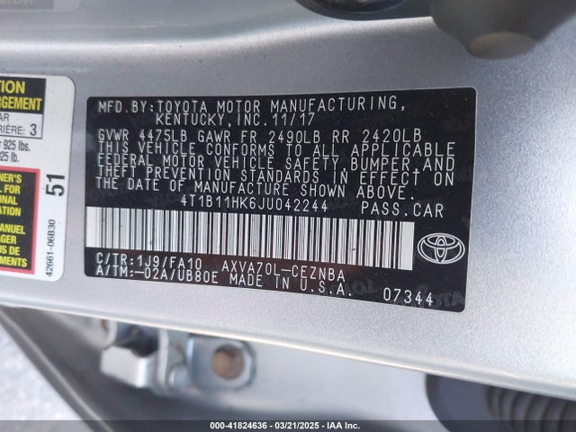 4T1B11HK6JU042244 Toyota CAMRY LE