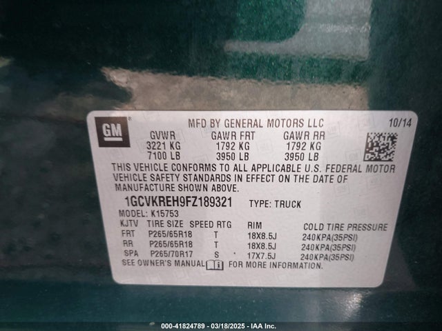 1GCVKREH9FZ189321 Chevrolet Silverado 1500 2lt