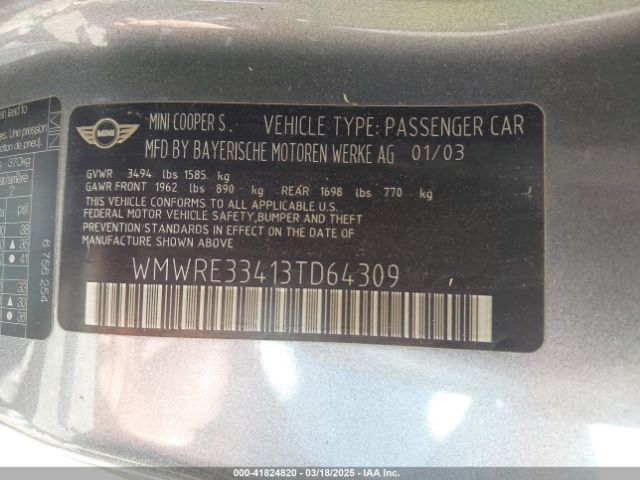 2003 MINI COOPER S WMWRE33413TD64309 Photo 8