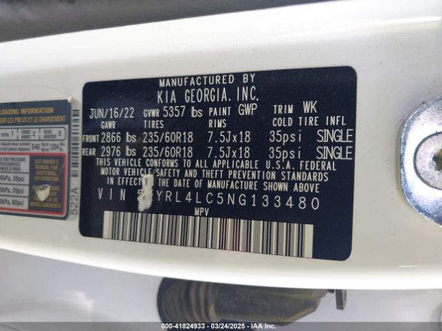5XYRL4LC5NG133480 KIA SORENTO S