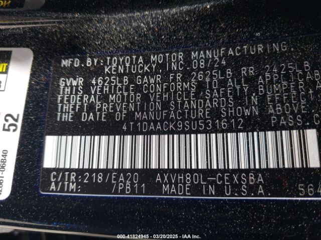 4T1DAACK9SU531612 Toyota CAMRY SE