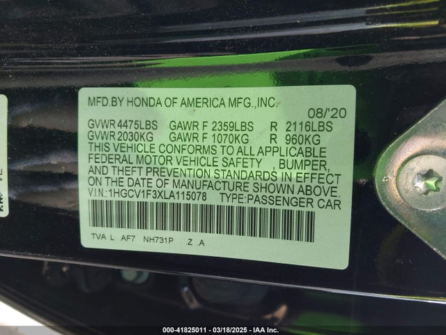 1HGCV1F3XLA115078 Honda l15be
