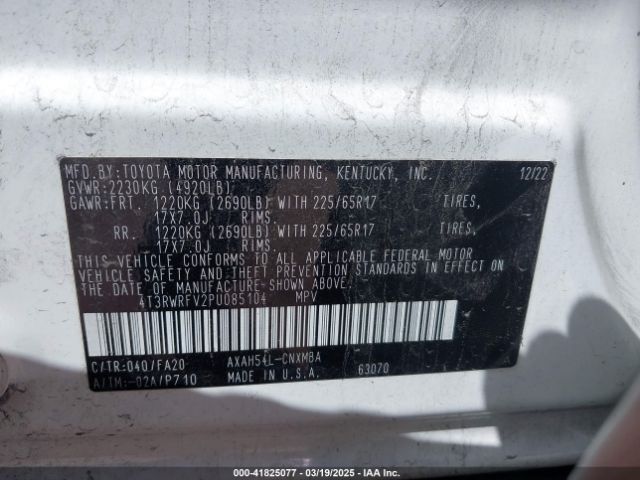 4T3RWRFV2PU085104 Toyota Rav4 Hybrid Xle