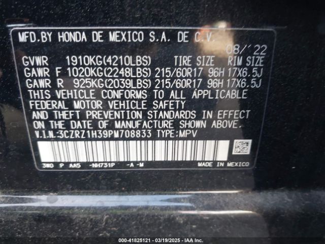 3CZRZ1H39PM708833 Honda Hr-v 2wd Lx