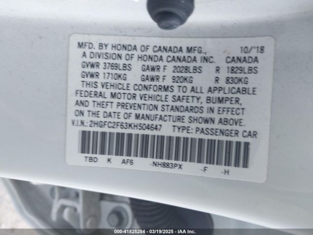 2019 HONDA CIVIC 2HGFC2F63KH504647 Photo 8