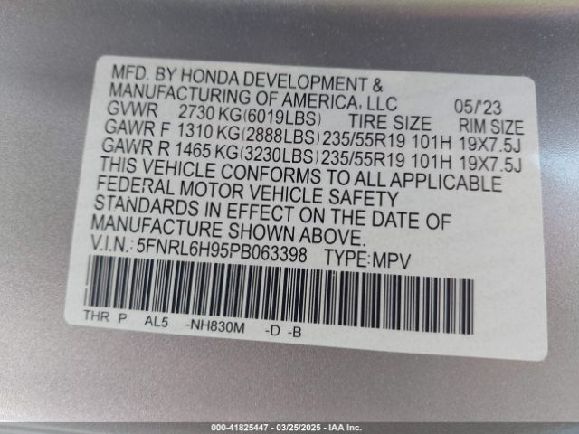 5FNRL6H95PB063398 Honda Odyssey Elite